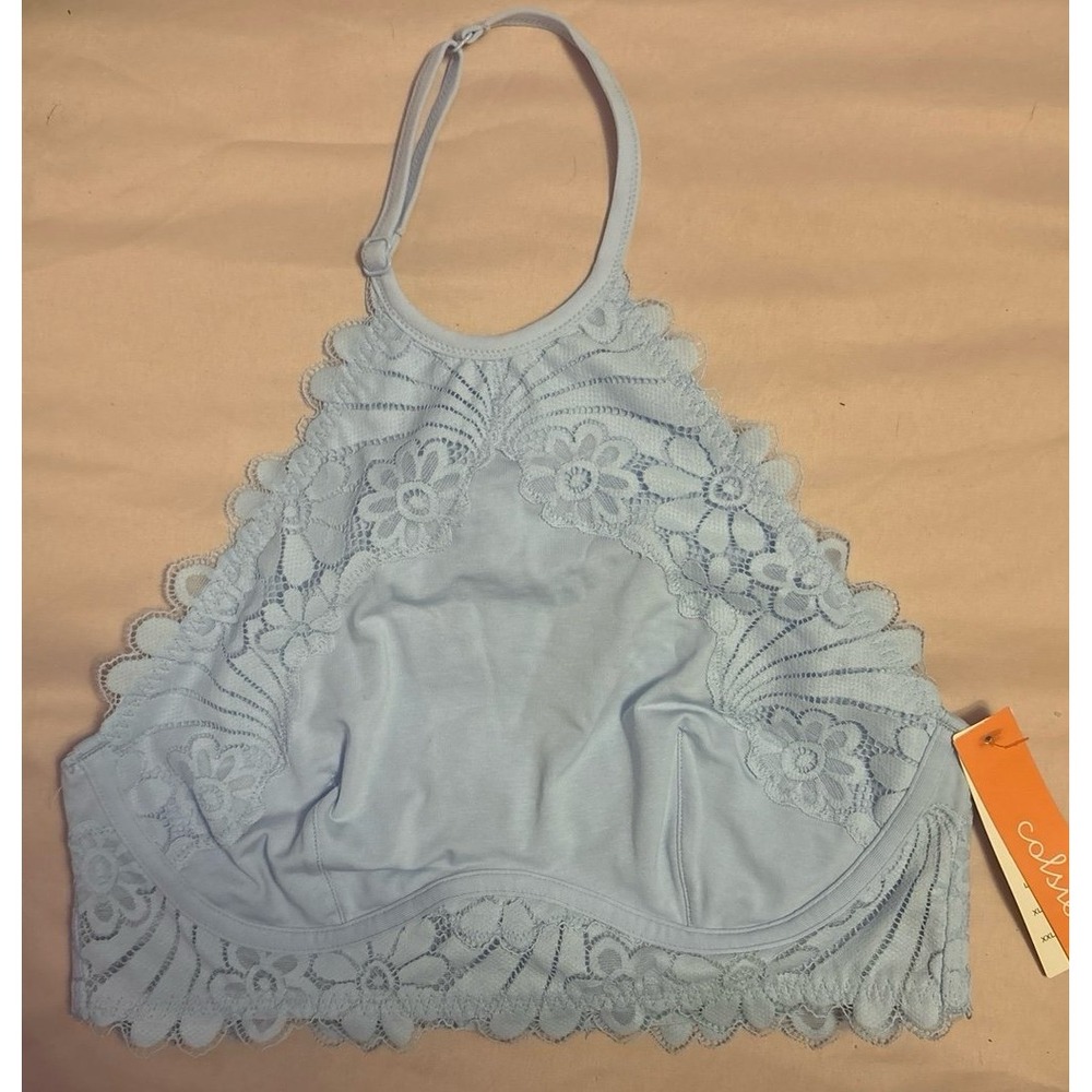 NEW Colsie Light Blue Unlined‎ Lace Detail Halter Bralette, Medium